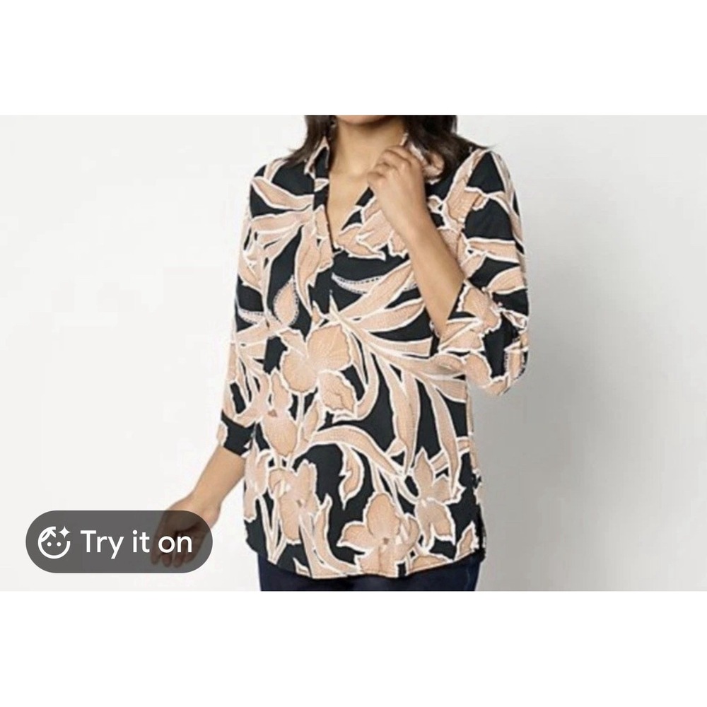 Denim & Co V Neck Pullover Blouse Top L Brown Black Botanical Tropical Coastal
